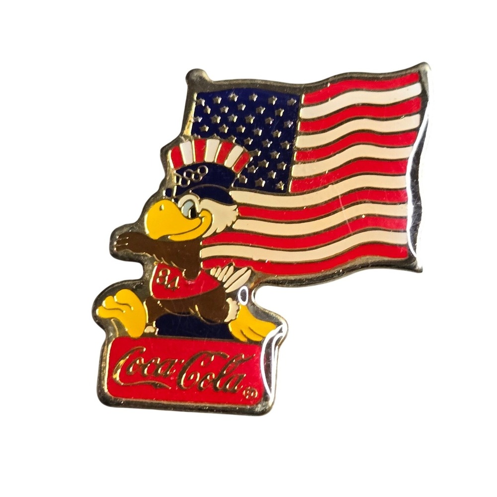 Vintage Coca-Cola 1980 84 Los Angeles Olympic Game Enamel Pin Sam Eagle USA Flag